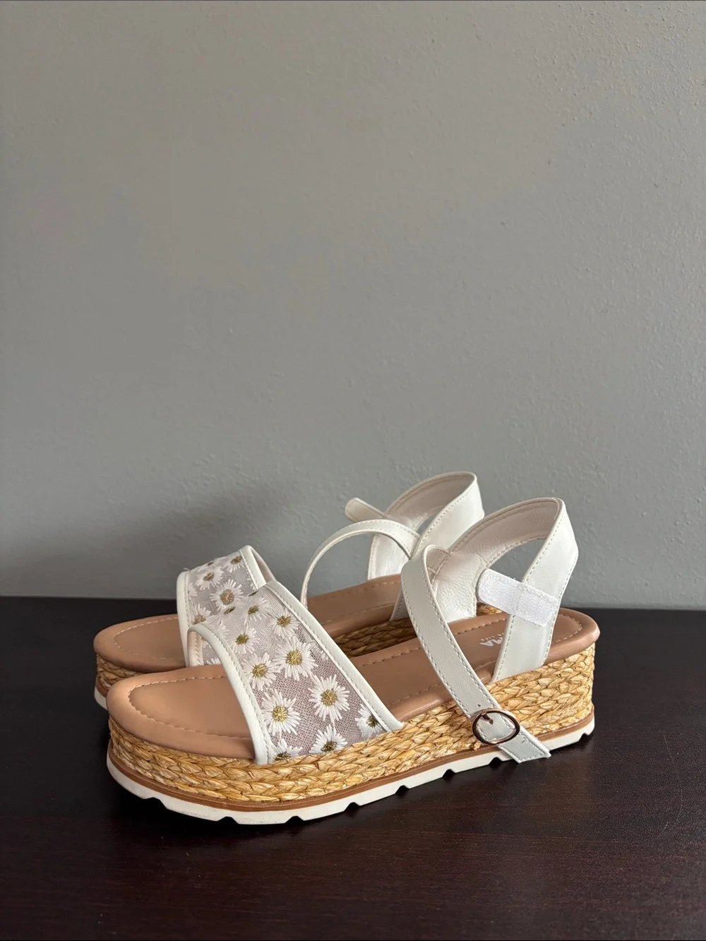 Girls White Daisy Espadrille Wedge Sandals with Ankle Strap